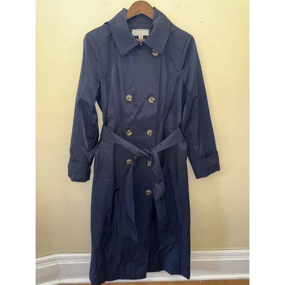 Anne Klein Jackets & Blazers - Anne Klein Navy Blue Double Breasted Hooded Trench Coat Jacket Belted Women's L
